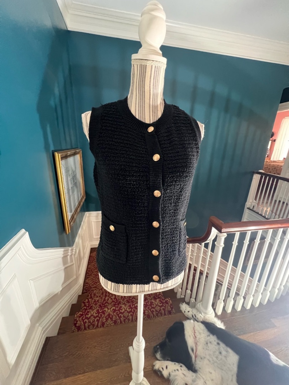Classic Black preppy sweater vest small sleeveless gold buttons v411